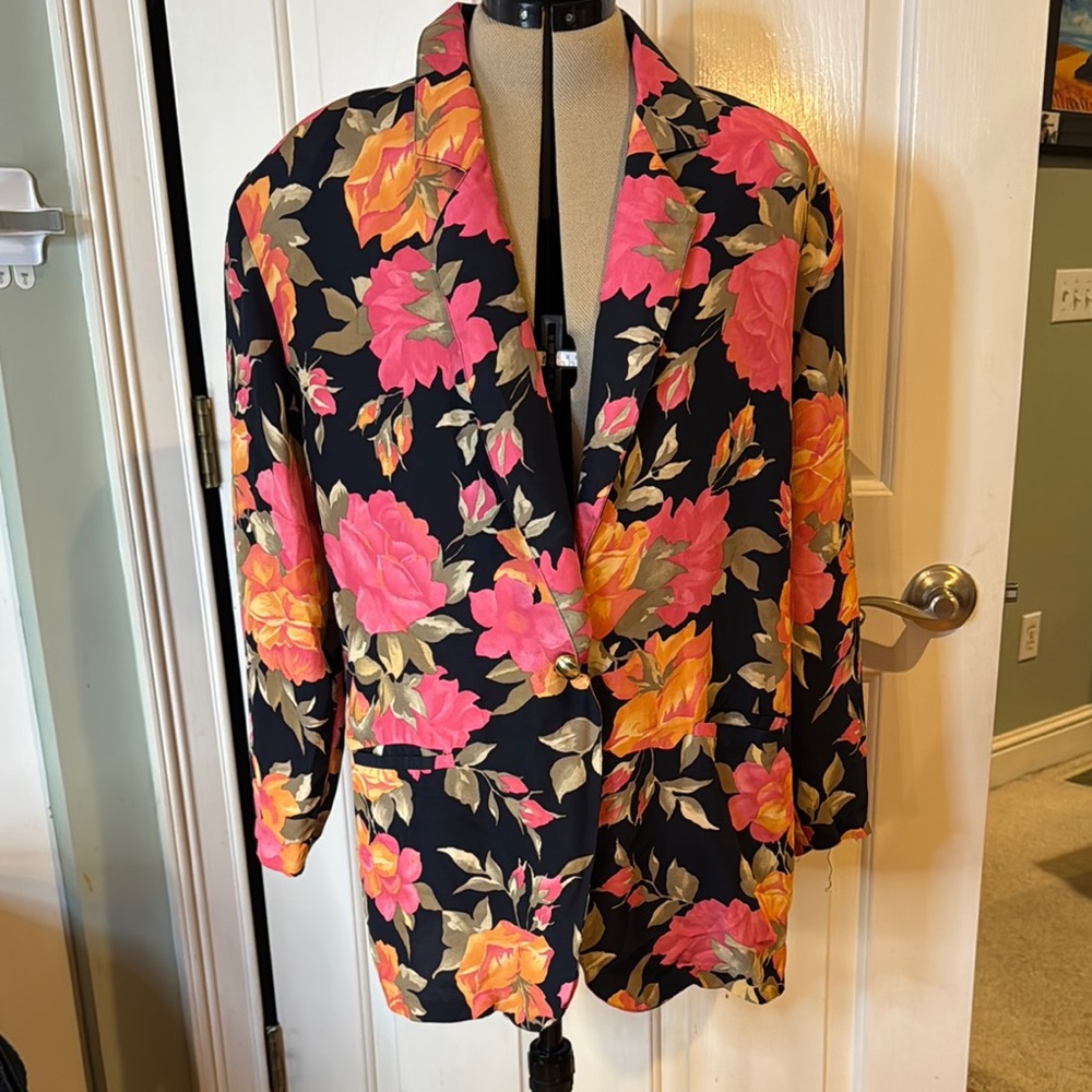 Black and Pink Floral Blazer with Button Front